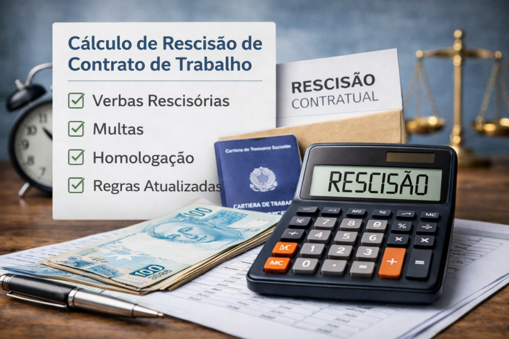 Imagem ilustrativa do cálculo de rescisão de contrato de trabalho com conferência de verbas rescisórias, multas e regras atualizadas