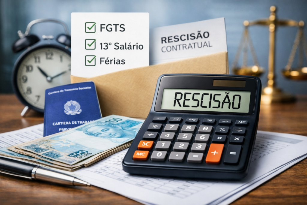 Imagem ilustrativa de cálculo de rescisão trabalhista com conferência de verbas como FGTS, férias e décimo terceiro